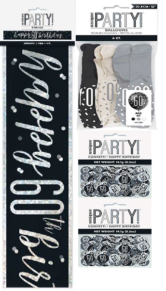 Black And Silver Bundle A Banner, Confetti, Balloons Ages 13 to 100