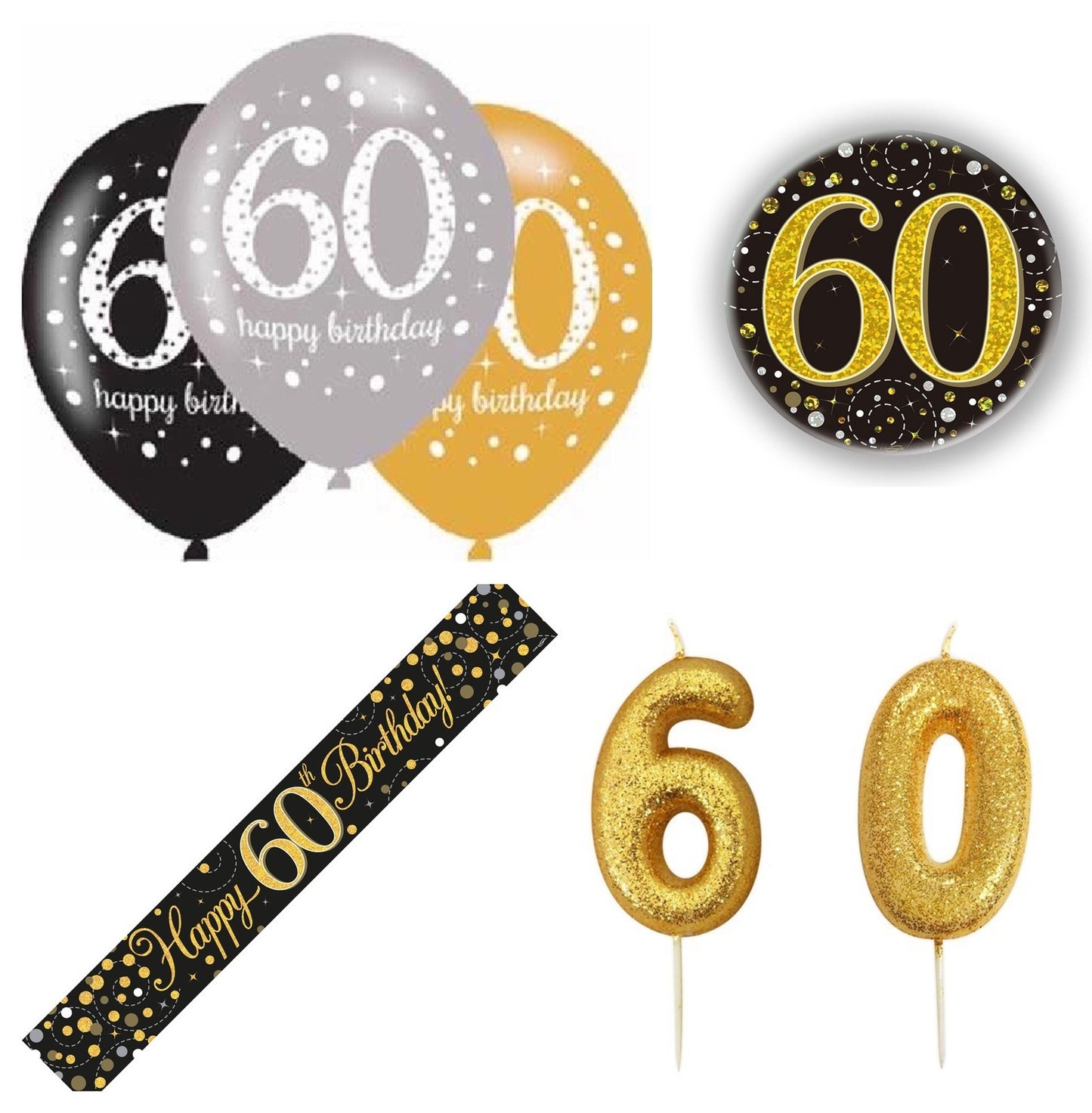 Black And Gold Bundle B Banner, Balloons, Candle, Badge Ages 16 to 100