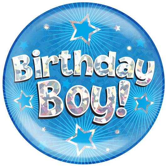 6" Jumbo Badge Birthday Boy Blue Holographic Cracked Ice