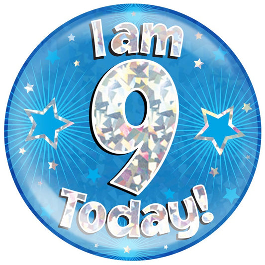 6" Jumbo Badge I am 9 Today Blue Holographic Cracked Ice