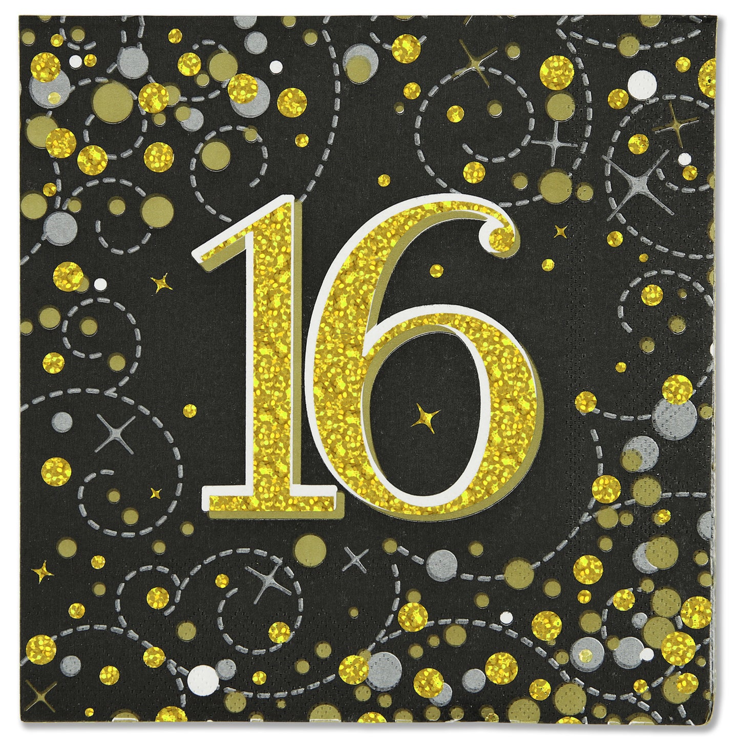 Sparkling Fizz 16th Black & Gold 33cm x 33cm 3-ply Napkins 16pcs