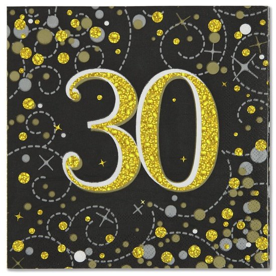 Sparkling Fizz 30th Black & Gold 33cm x 33cm 3-ply Napkins 16pcs