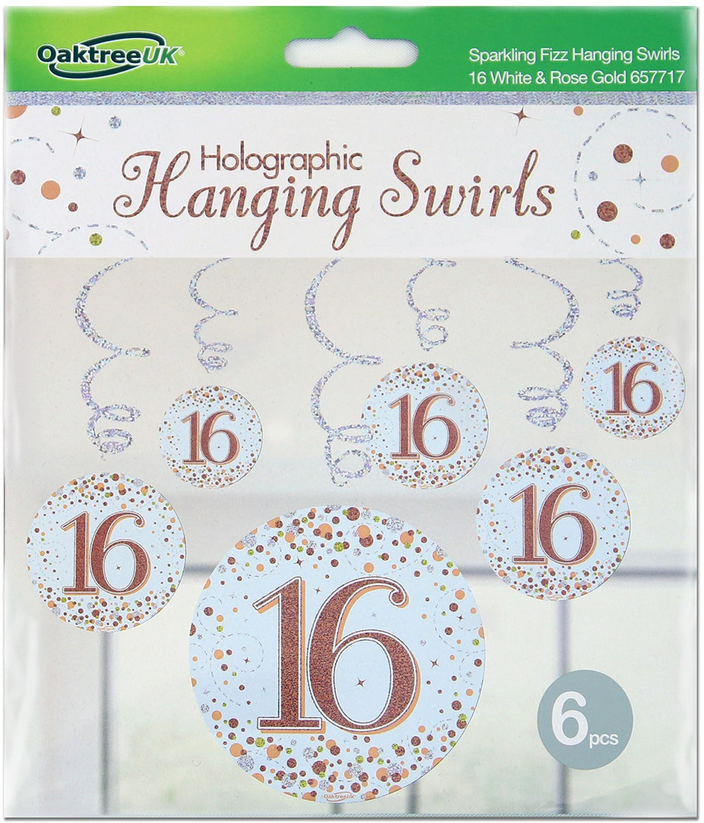 Sparkling Fizz Hanging Swirls 16th White & Rose Gold 6pcs