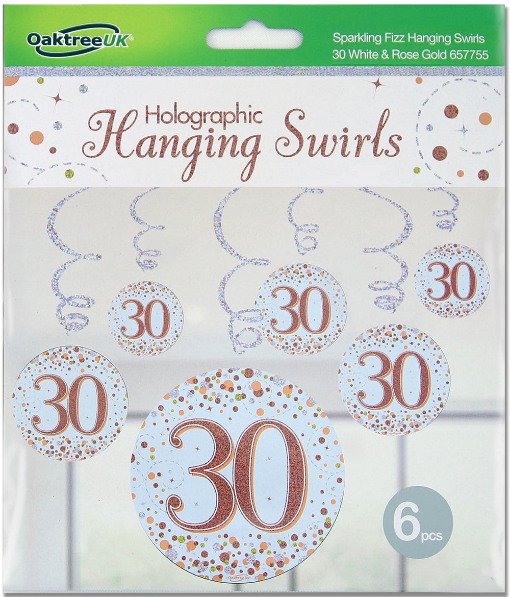 Sparkling Fizz Hanging Swirls 30th White & Rose Gold 6pcs