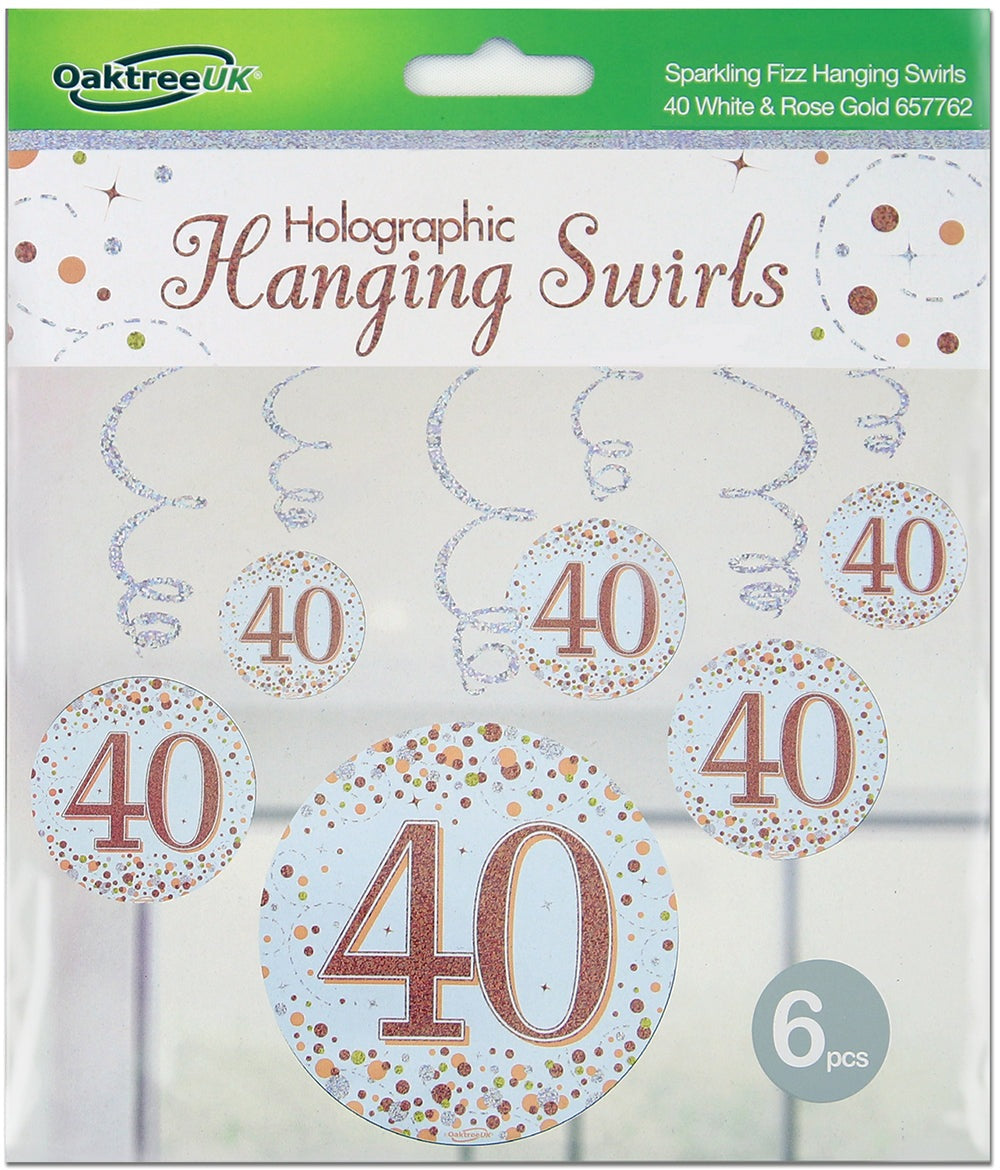 Sparkling Fizz Hanging Swirls 40th White & Rose Gold 6pcs