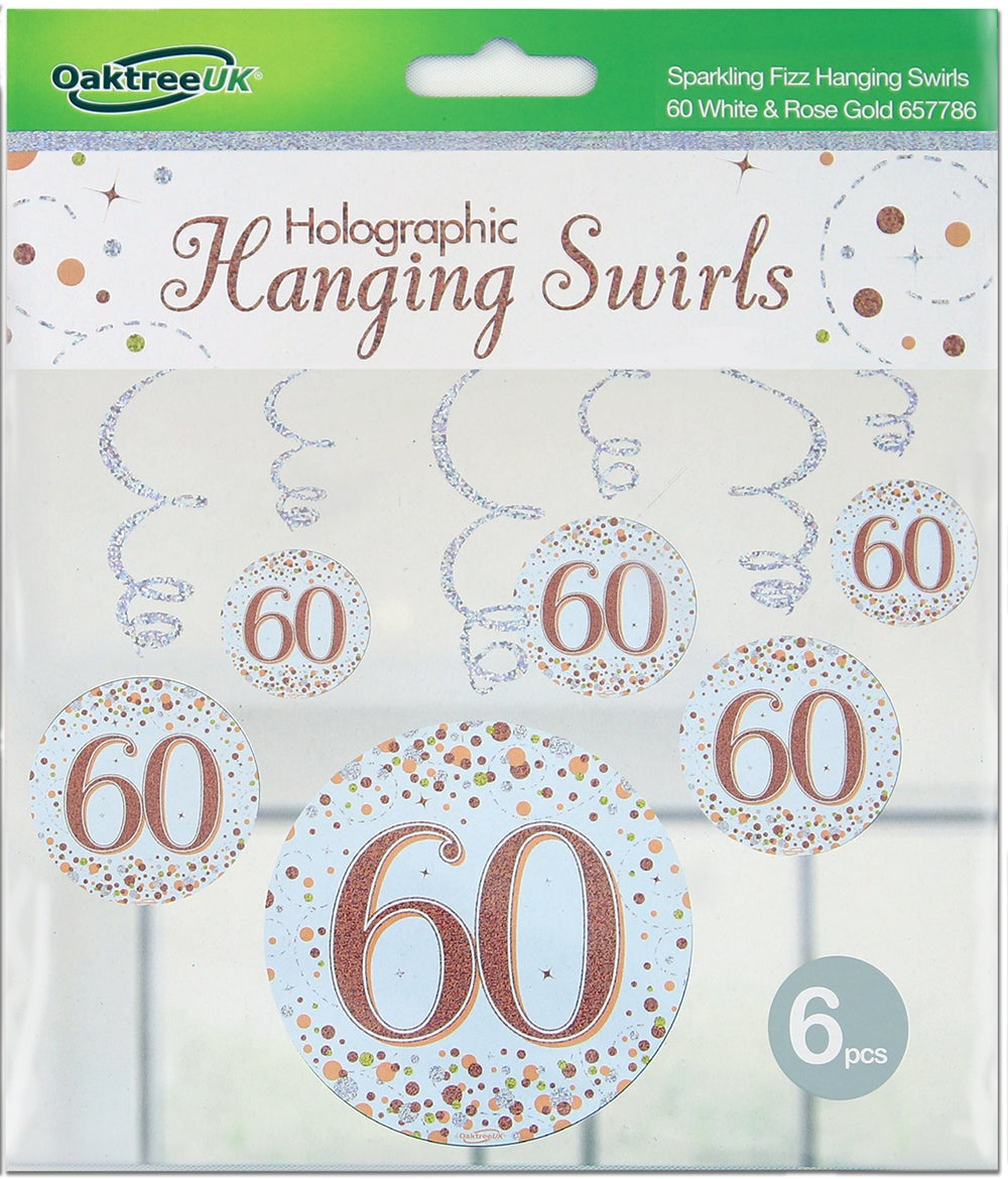 Sparkling Fizz Hanging Swirls 60th White & Rose Gold 6pcs