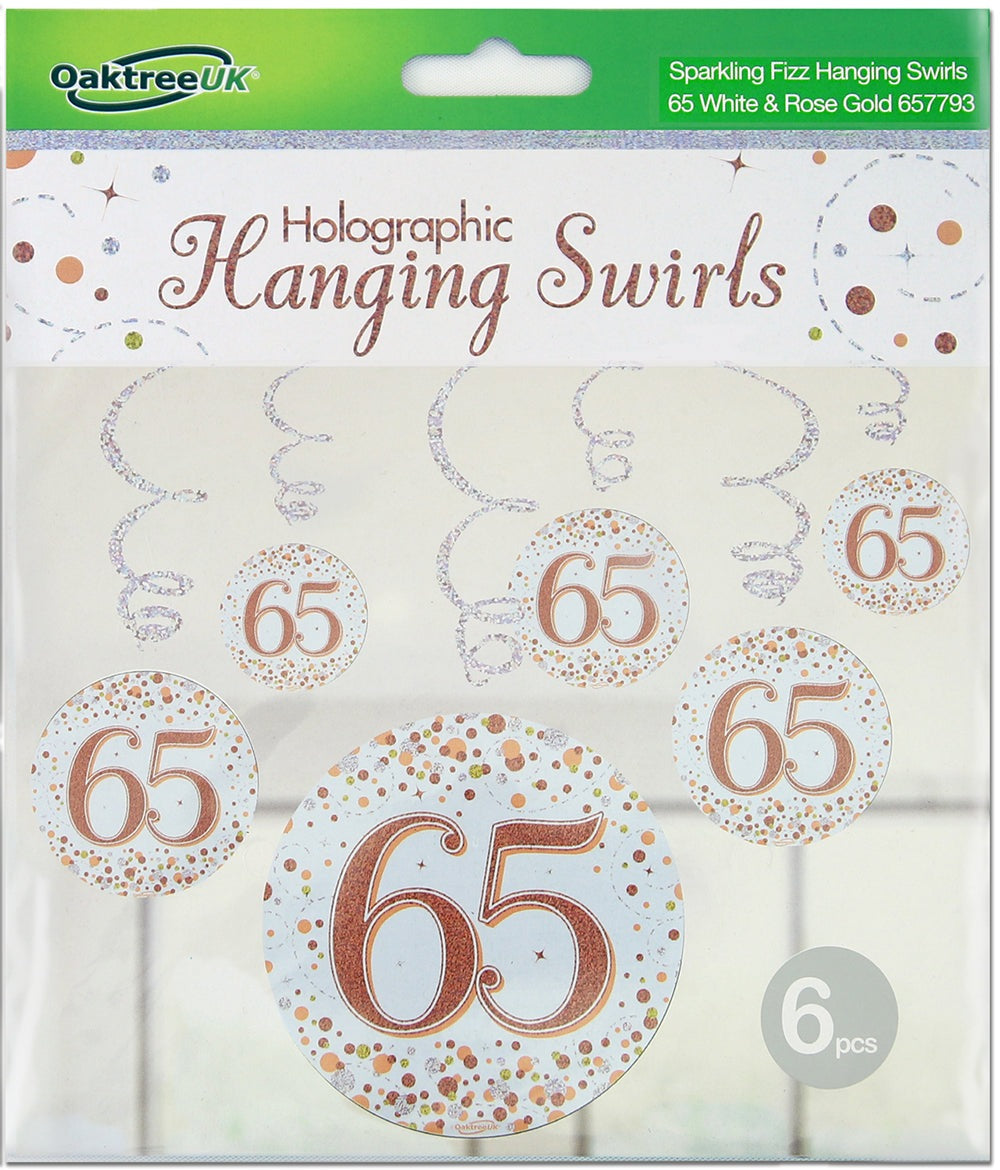 Sparkling Fizz Hanging Swirls 65th White & Rose Gold 6pcs