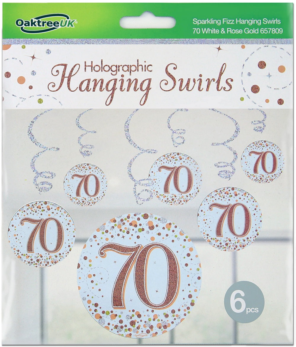 Sparkling Fizz Hanging Swirls 70th White & Rose Gold 6pcs