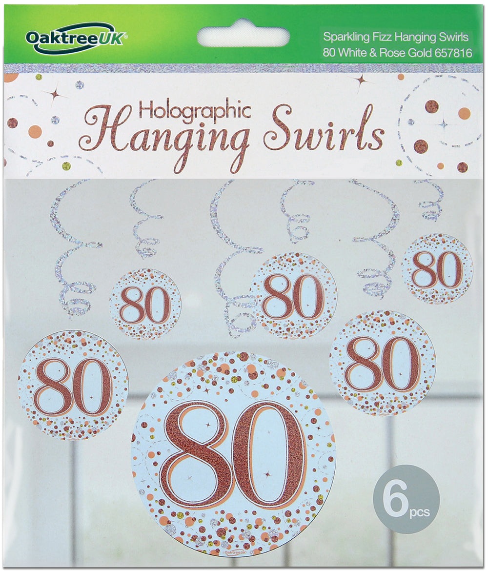 Sparkling Fizz Hanging Swirls 80th White & Rose Gold 6pcs