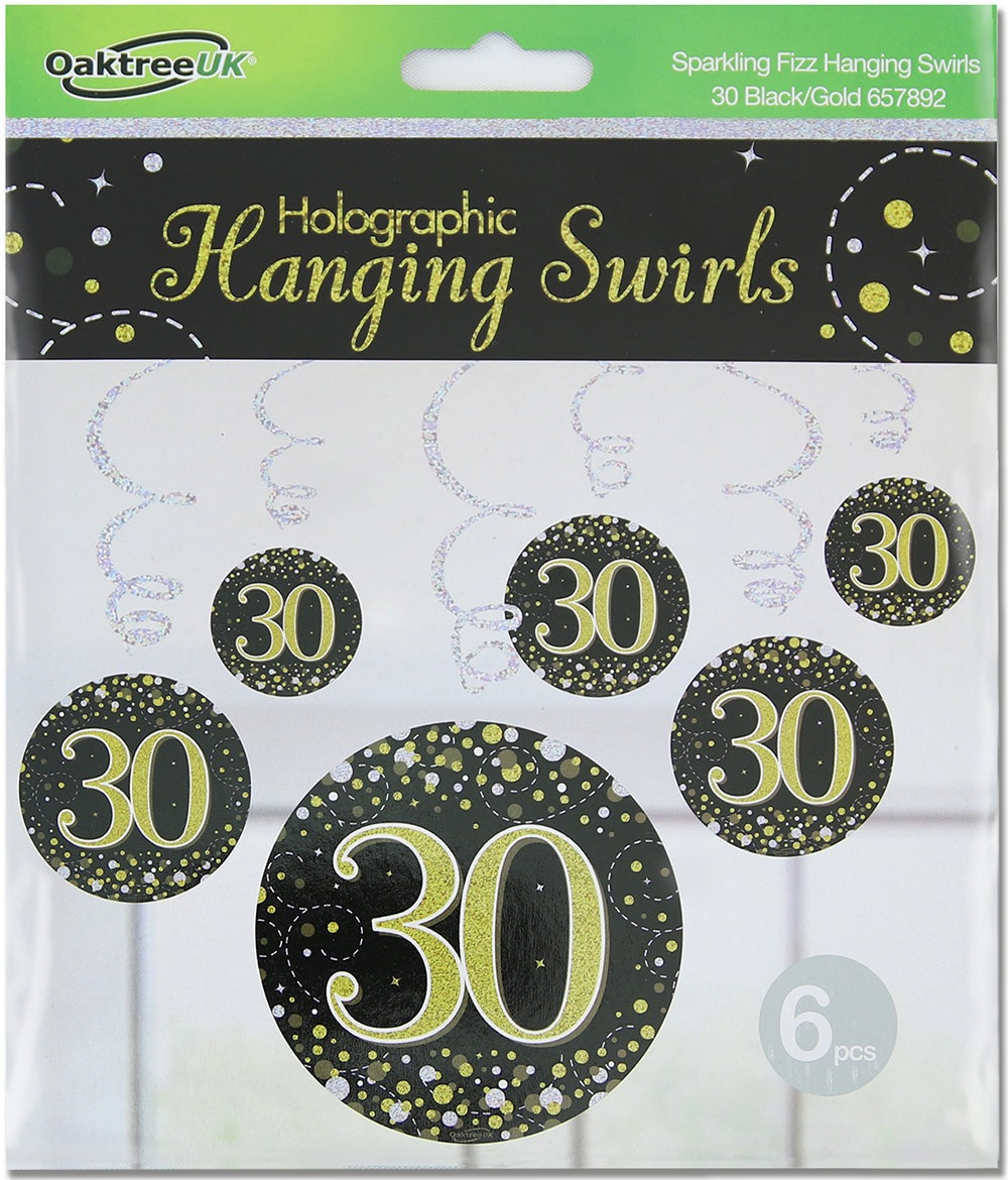 Sparkling Fizz Hanging Swirls 30th Black / Gold 6pcs