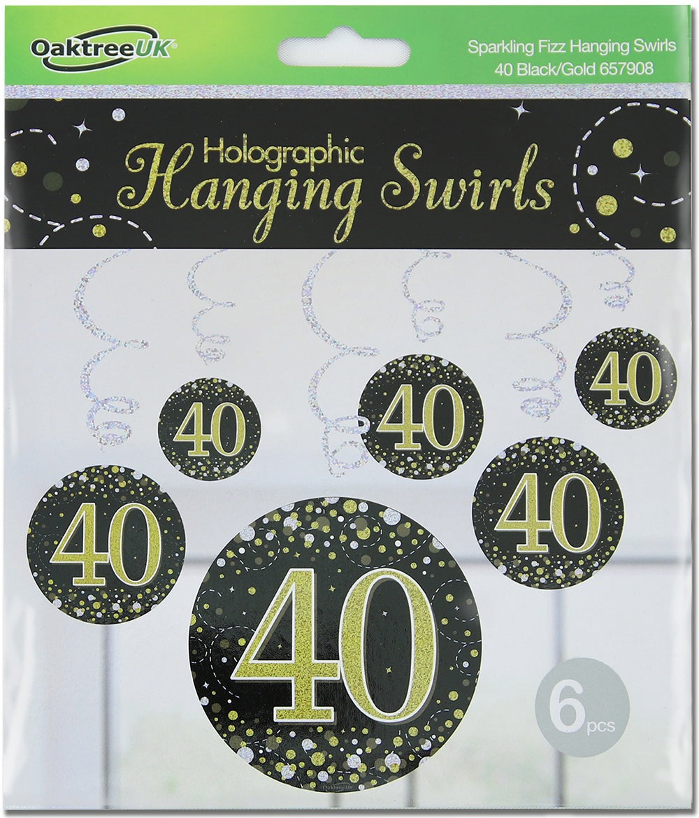 Sparkling Fizz Hanging Swirls 40th Black / Gold 6pcs