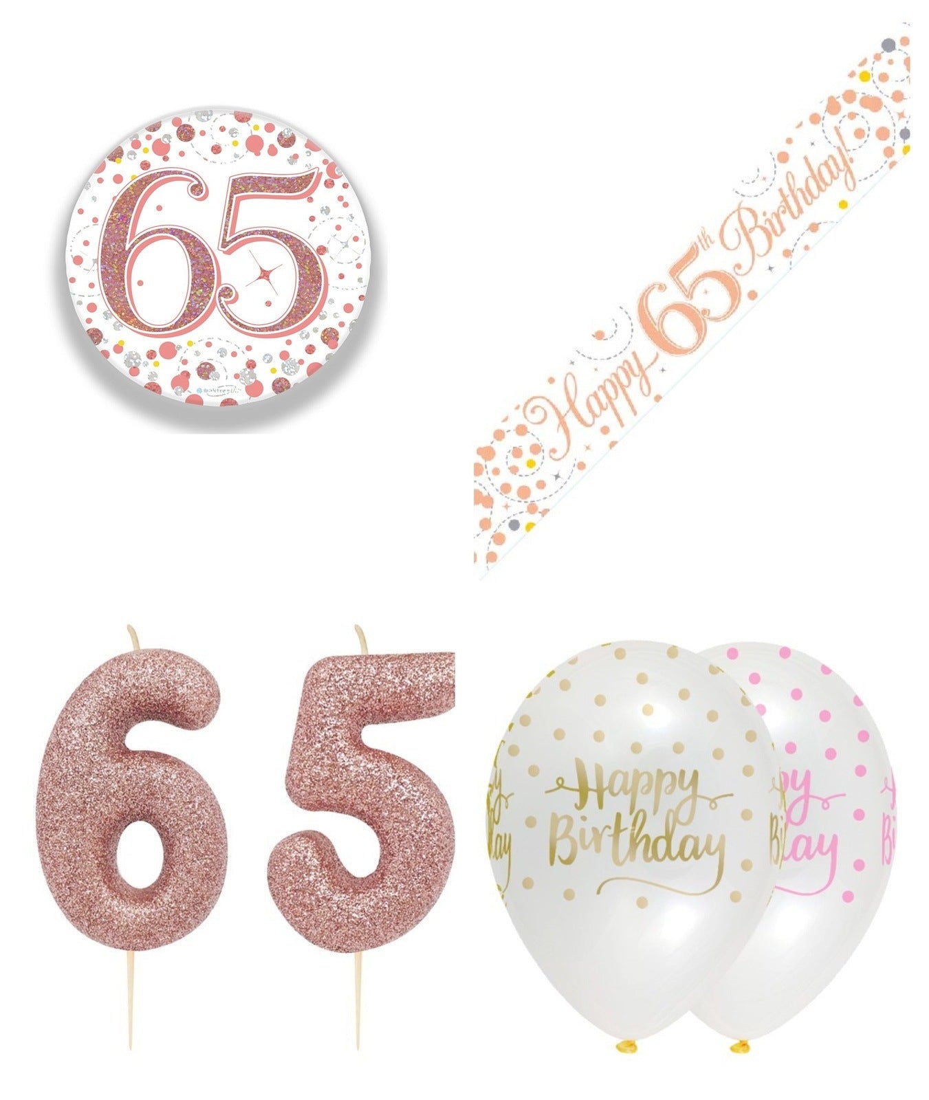 Rose Gold Bundle B Banner, Balloons, Candle, Badge Ages 16 to 90