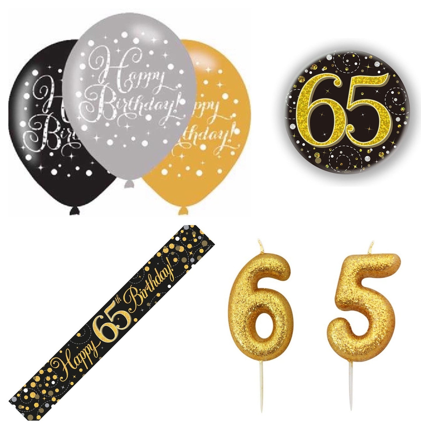Black And Gold Bundle B Banner, Balloons, Candle, Badge Ages 16 to 100