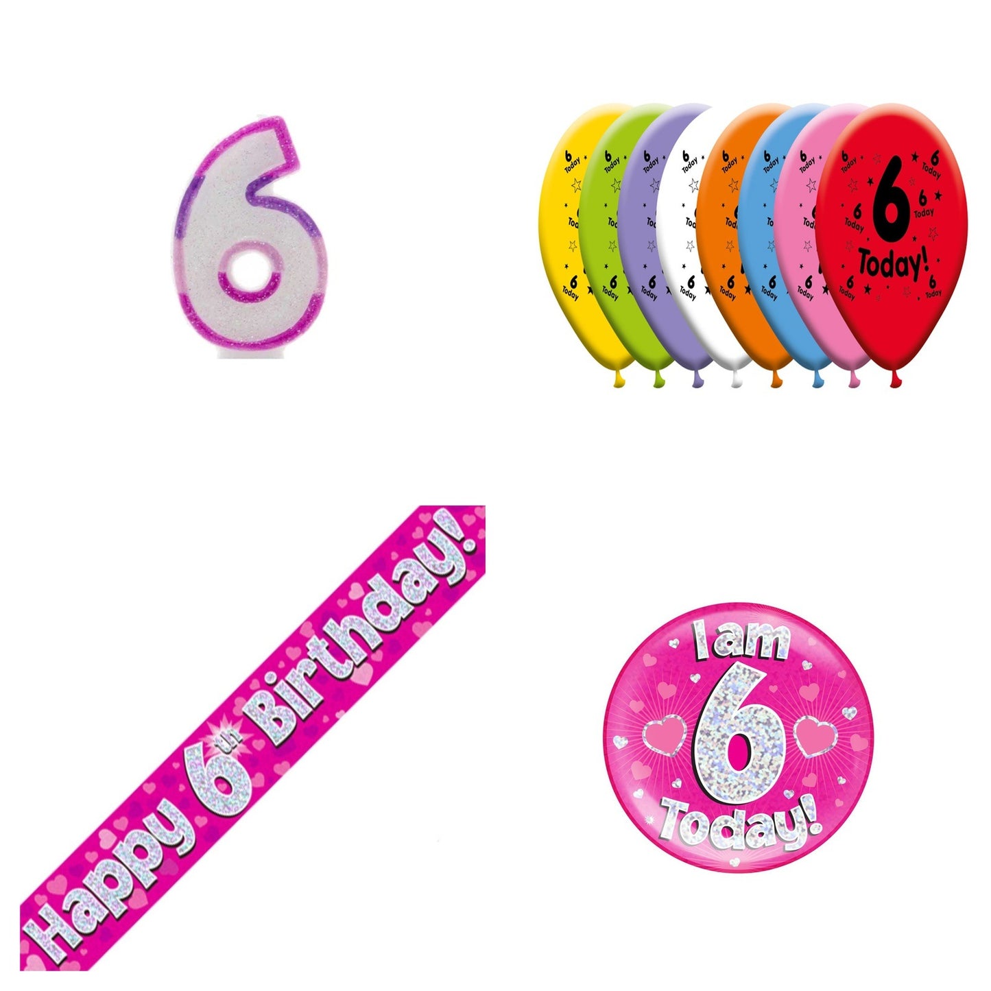 Pink Hearts Bundle B Banner, Balloons, Candle, Badge Ages 1 to 90
