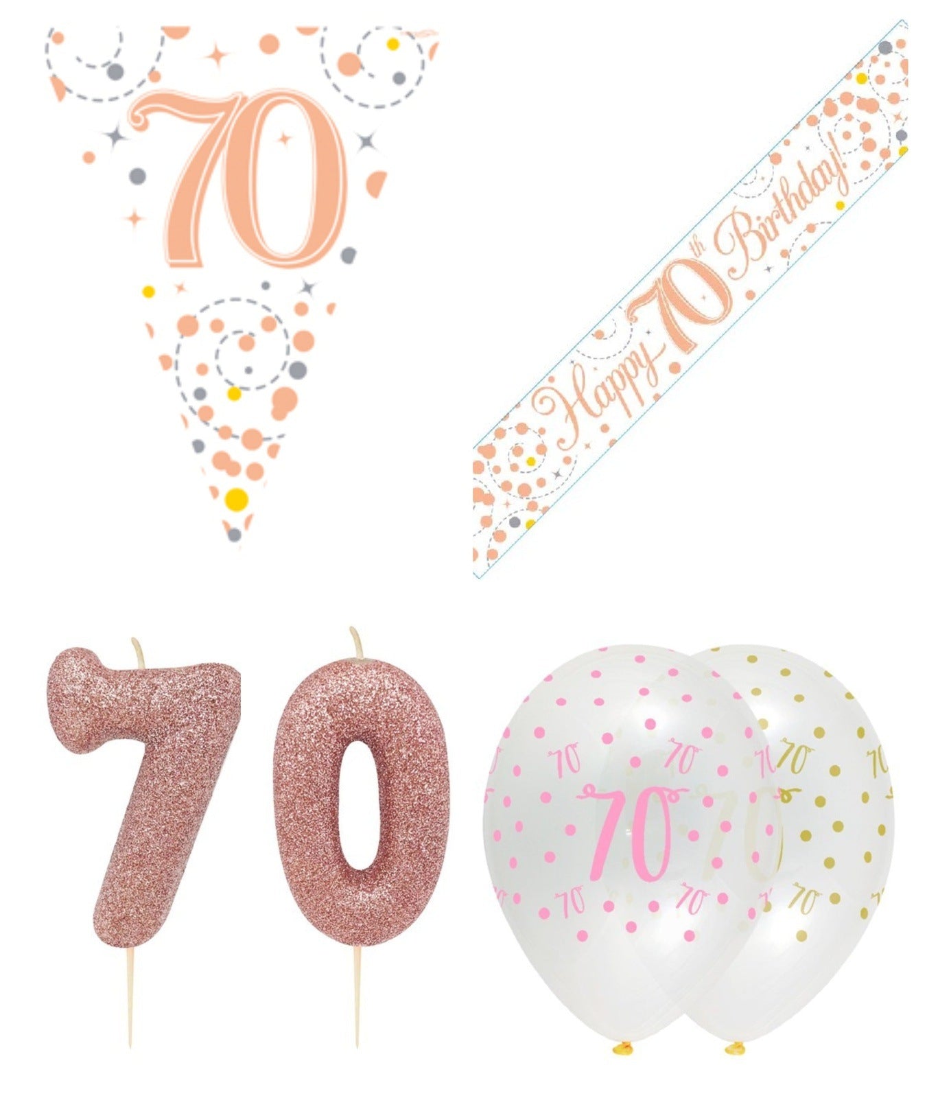 Rose Gold Bundle C Banner, Balloons, Candle, Bunting Ages 16 to 90