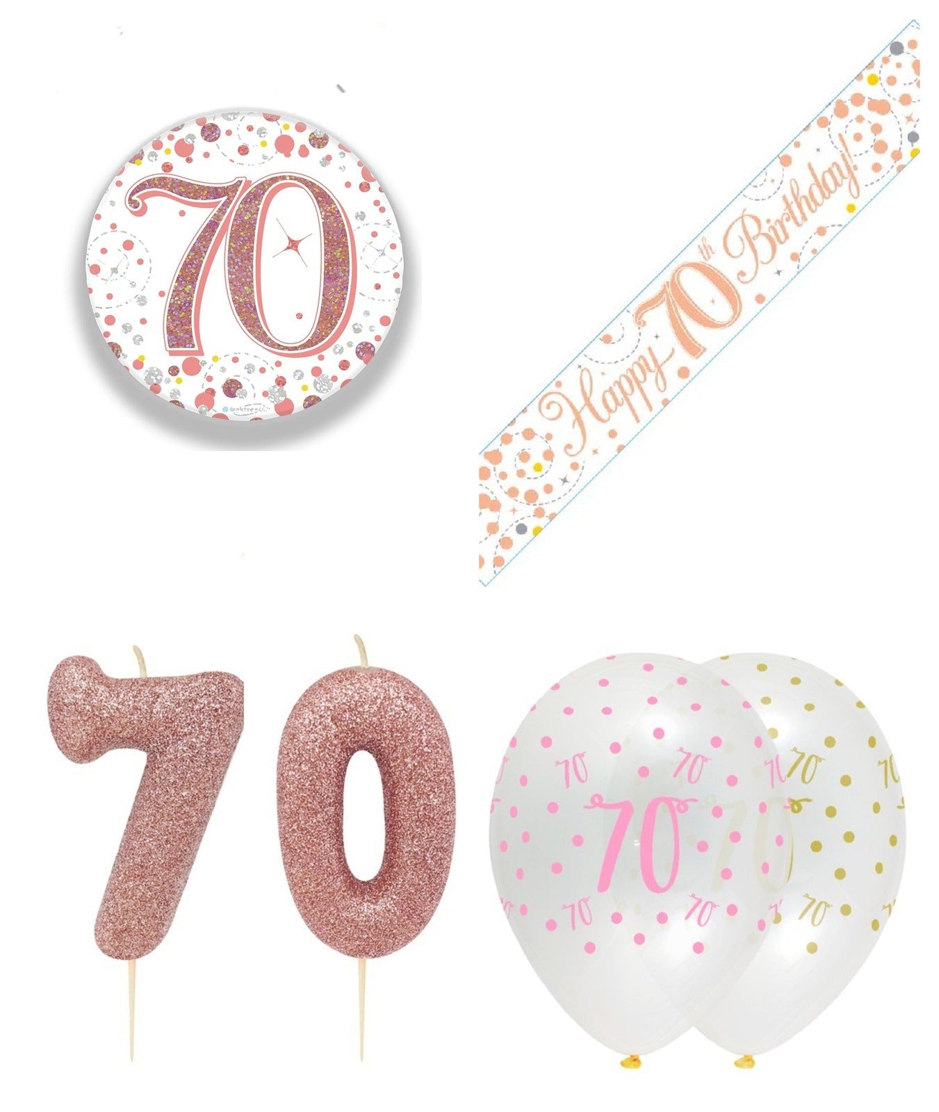 Rose Gold Bundle B Banner, Balloons, Candle, Badge Ages 16 to 90