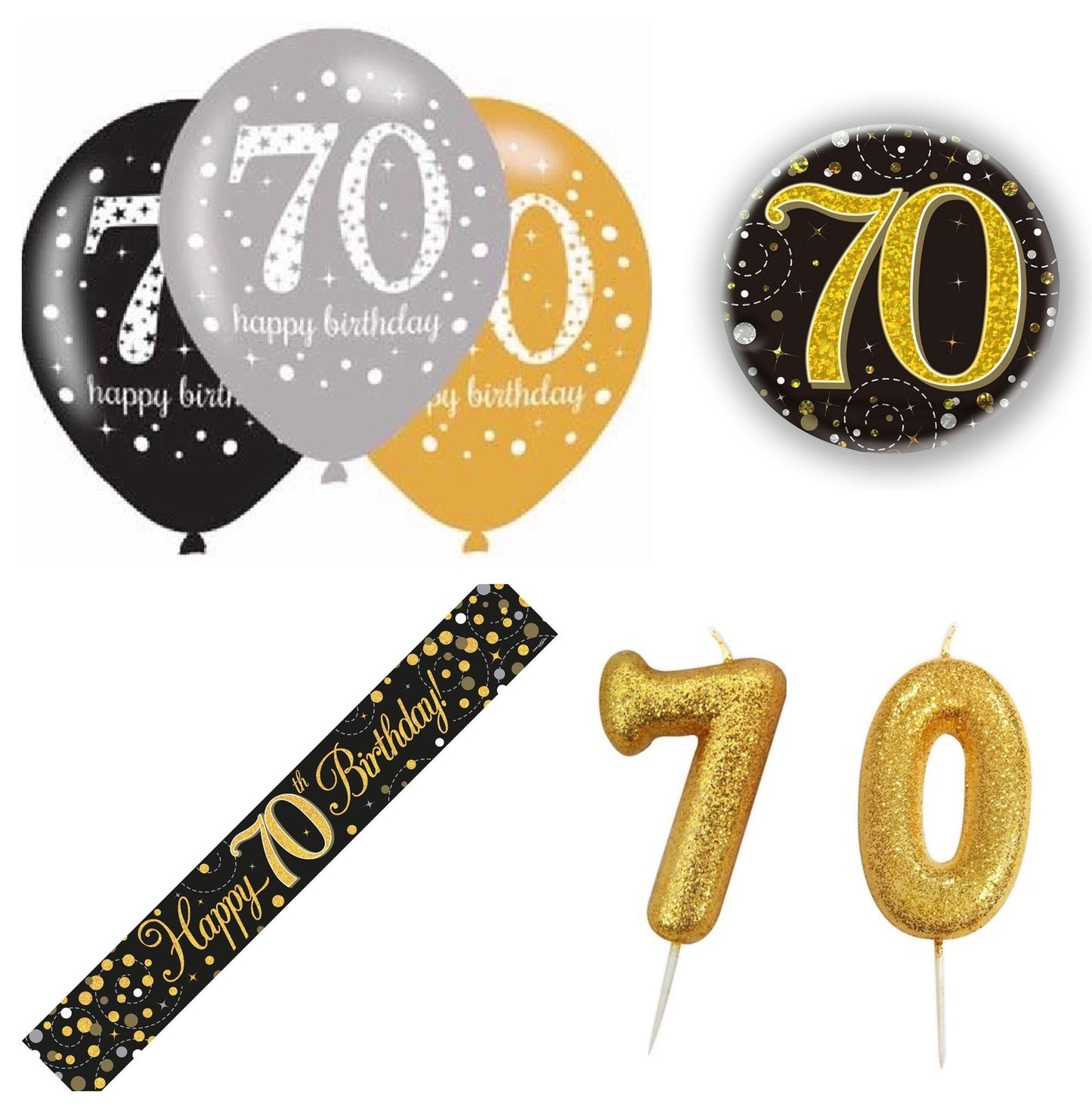 Black And Gold Bundle B Banner, Balloons, Candle, Badge Ages 16 to 100