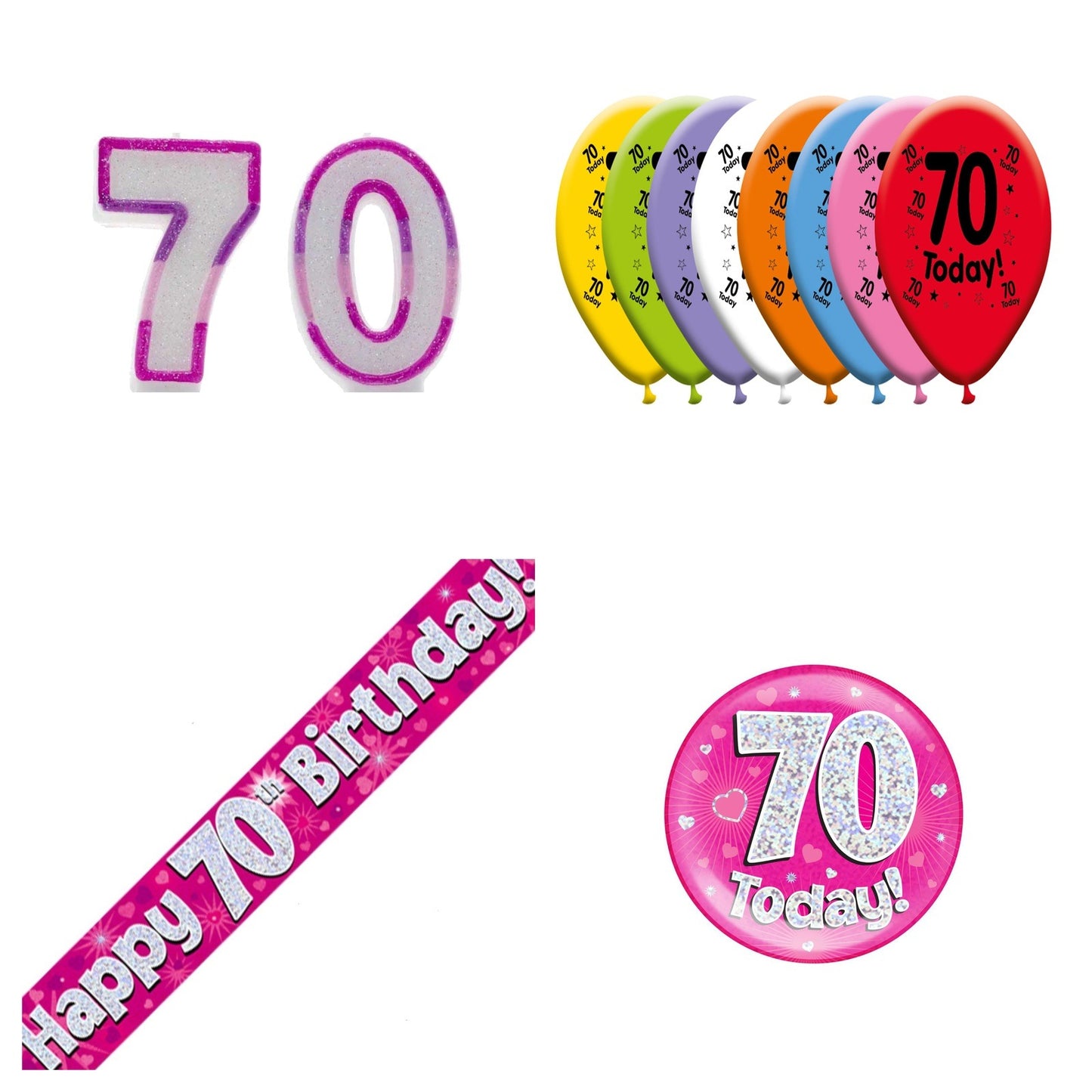Pink Hearts Bundle B Banner, Balloons, Candle, Badge Ages 1 to 90