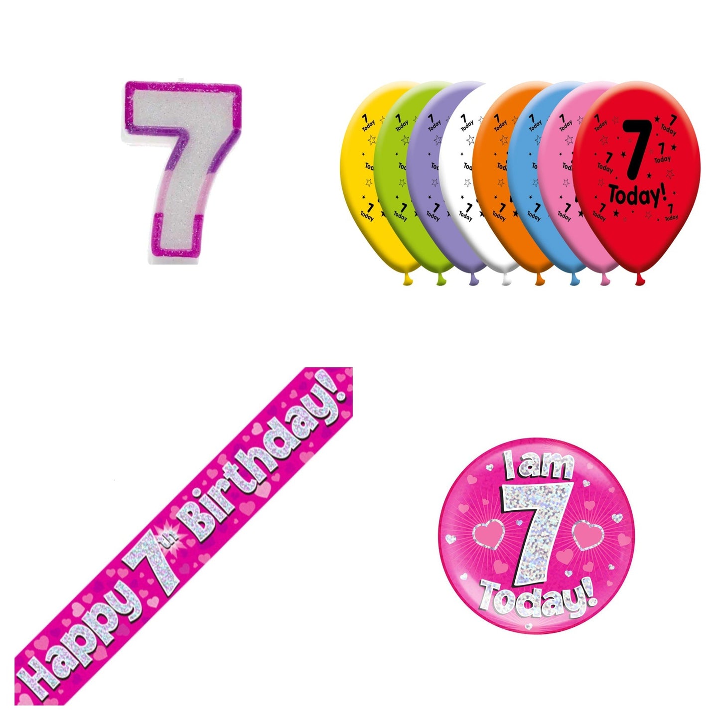 Pink Hearts Bundle B Banner, Balloons, Candle, Badge Ages 1 to 90