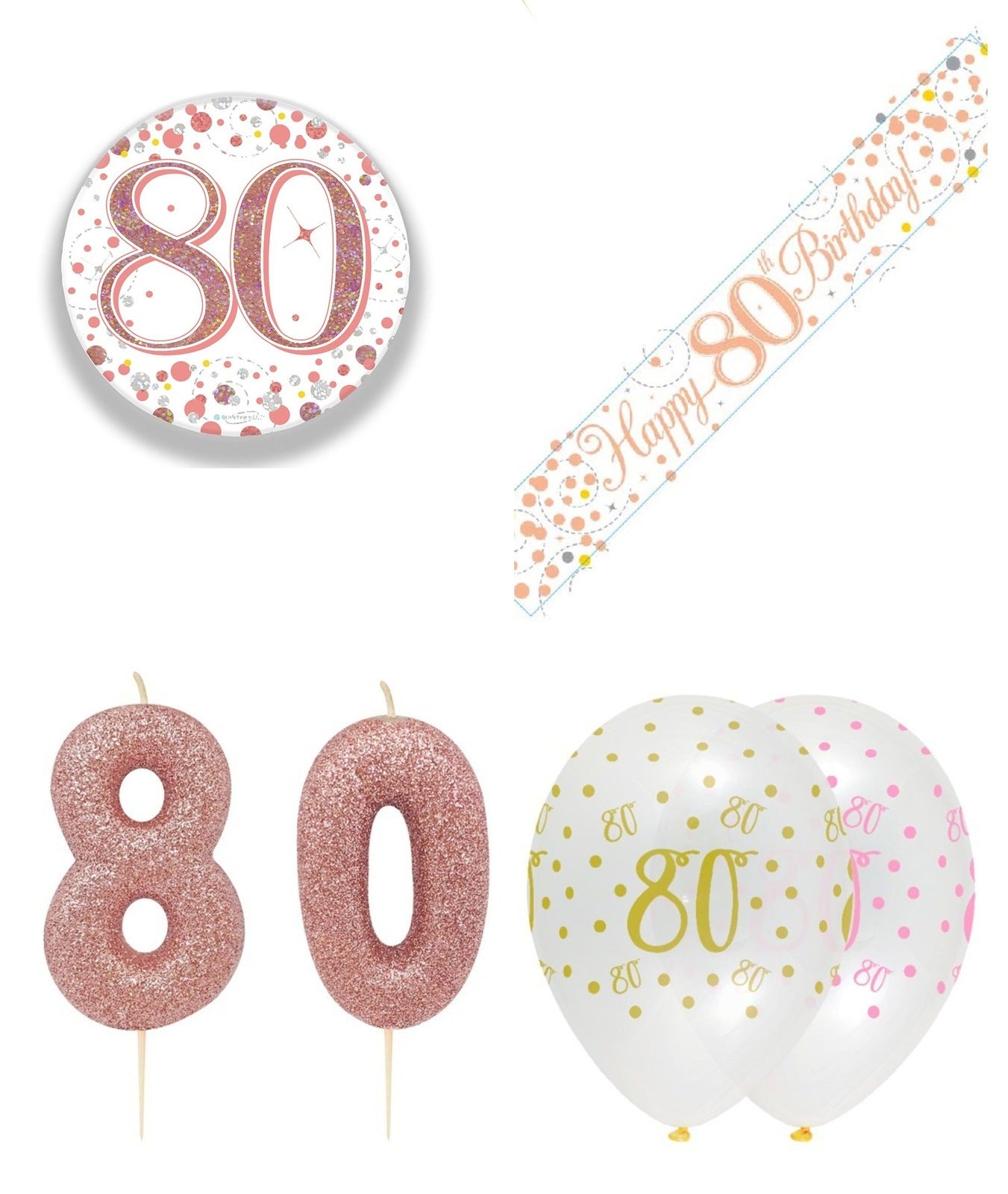 Rose Gold Bundle B Banner, Balloons, Candle, Badge Ages 16 to 90