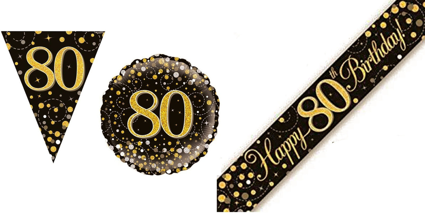Black And Gold Bundle D Banner, Bunting, Foil Balloon Ages 16 to 90