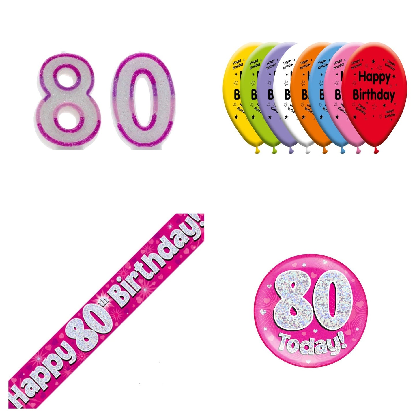 Pink Hearts Bundle B Banner, Balloons, Candle, Badge Ages 1 to 90