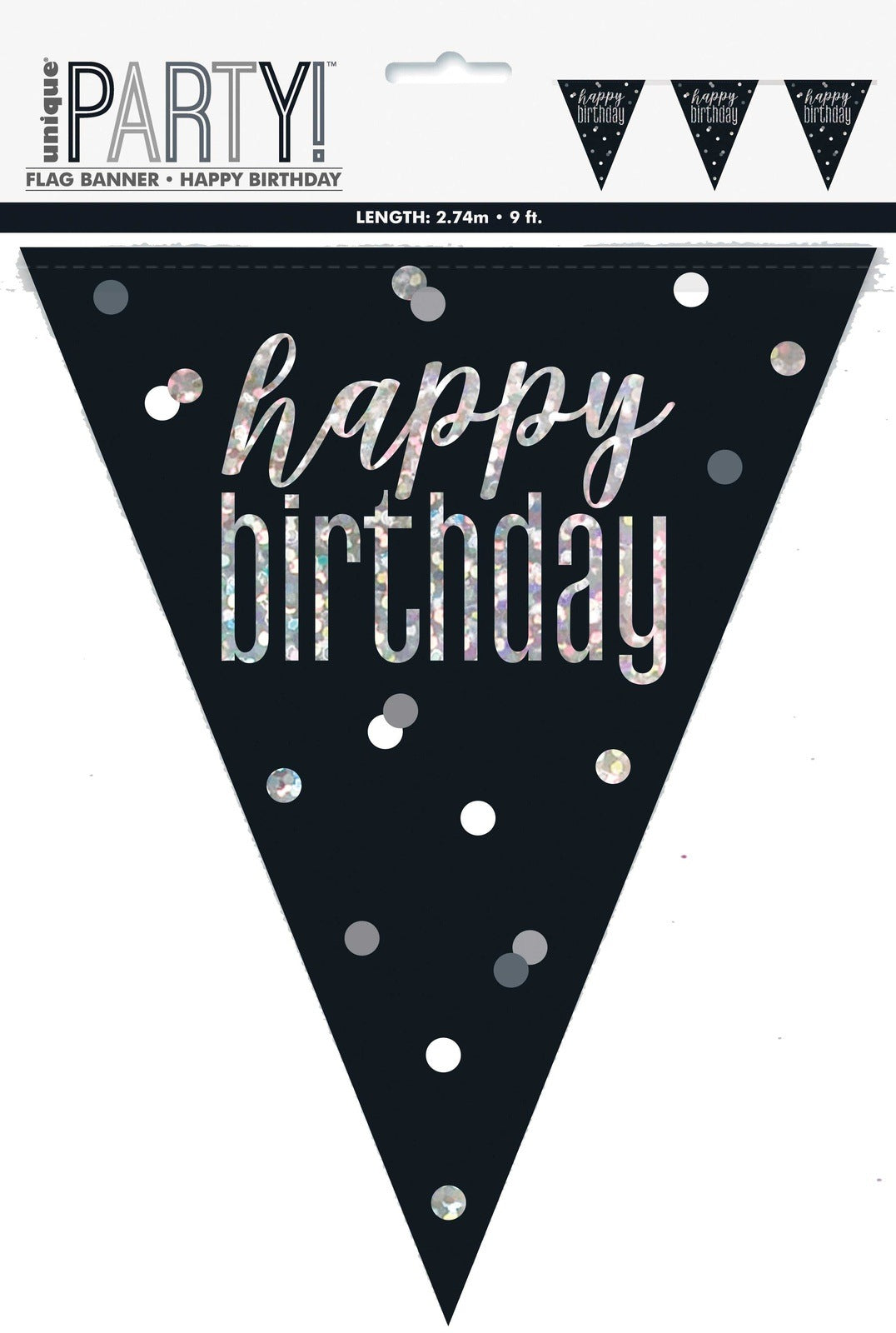 Black & Silver Prismatic Plastic Flag Banner Happy Birthday