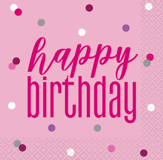 Pink & Silver Happy Birthday Luncheon Napkins