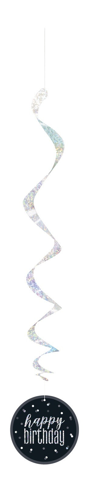 Black & Silver Hanging Swirls Happy Birthday