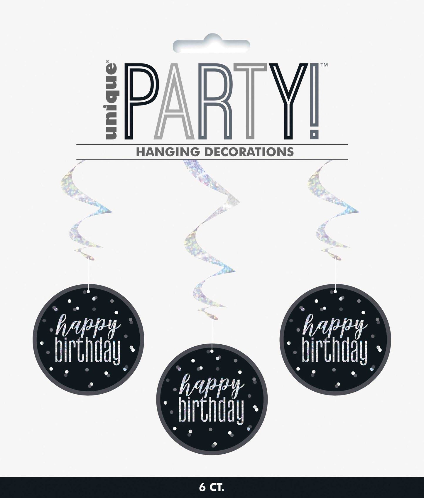 Black & Silver Hanging Swirls Happy Birthday