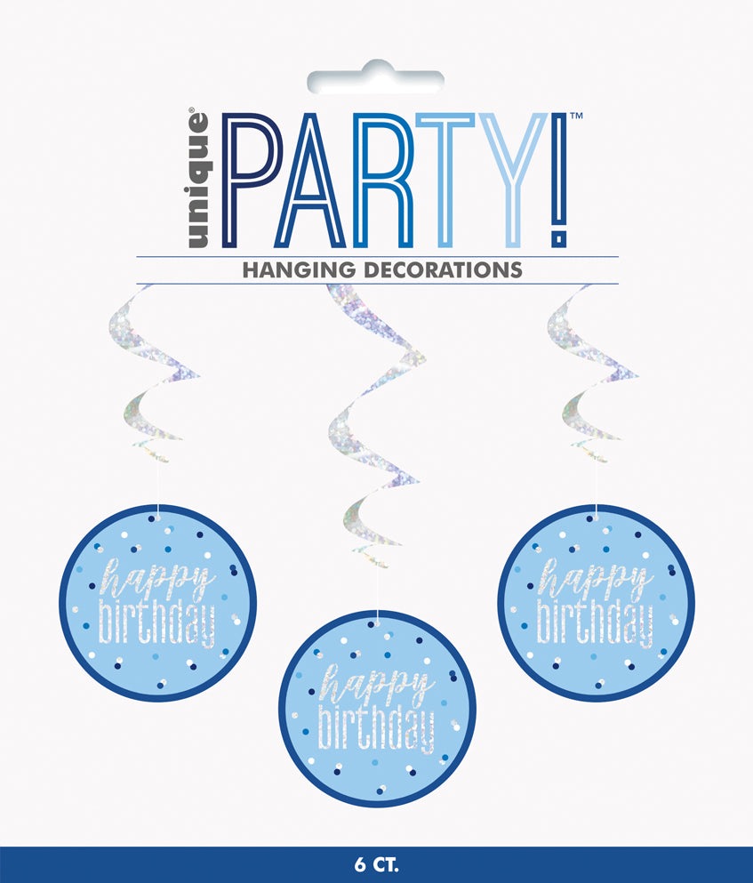 Blue & Silver Hanging Swirls Happy Birthday