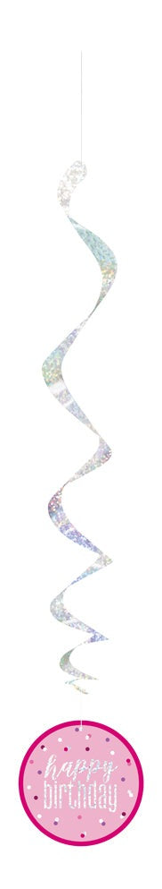 Pink & Silver Hanging Swirls Happy Birthday