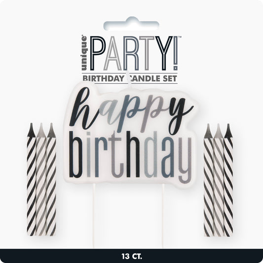 Black & Silver Happy Birthday Candle Set