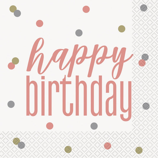 Rose Gold & Silver Happy Birthday Luncheon Napkins