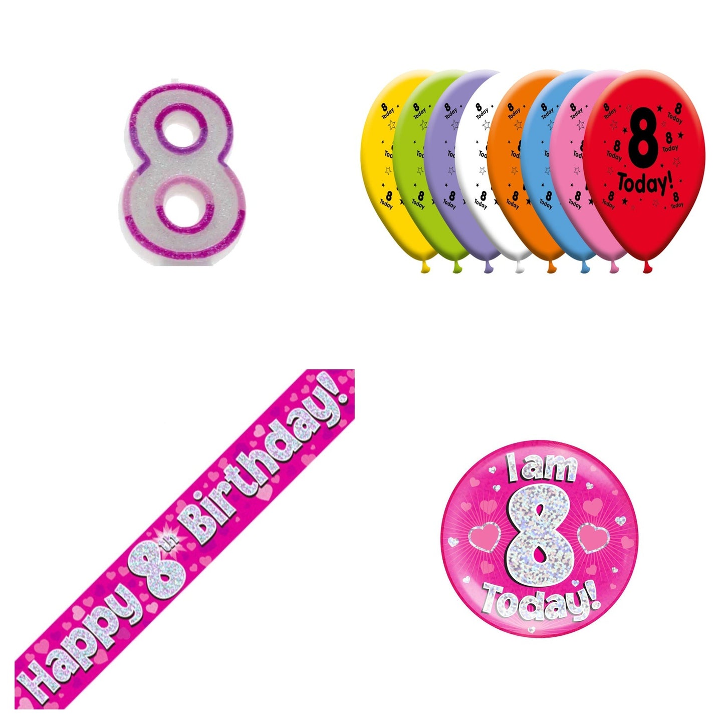 Pink Hearts Bundle B Banner, Balloons, Candle, Badge Ages 1 to 90