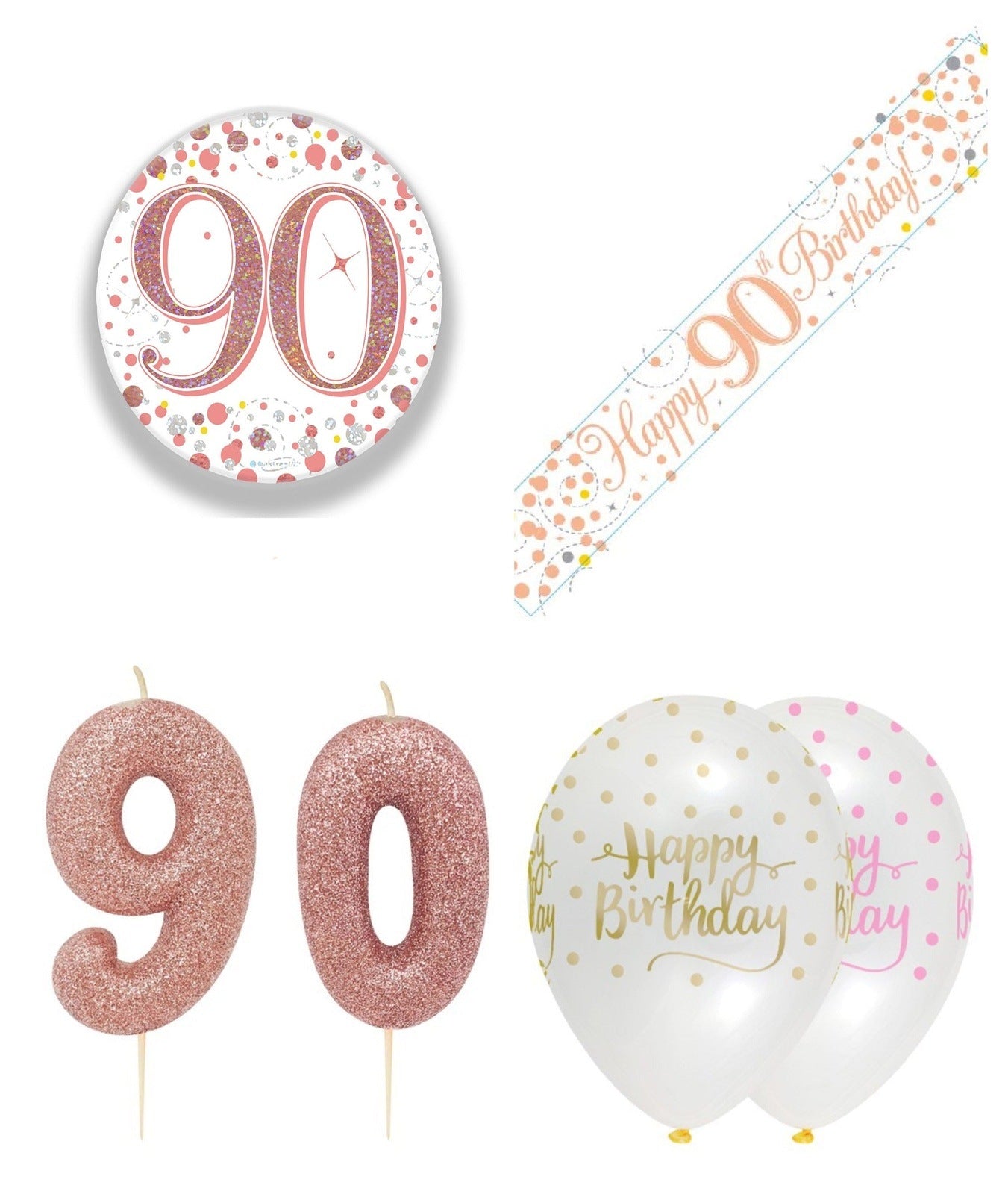 Rose Gold Bundle B Banner, Balloons, Candle, Badge Ages 16 to 90