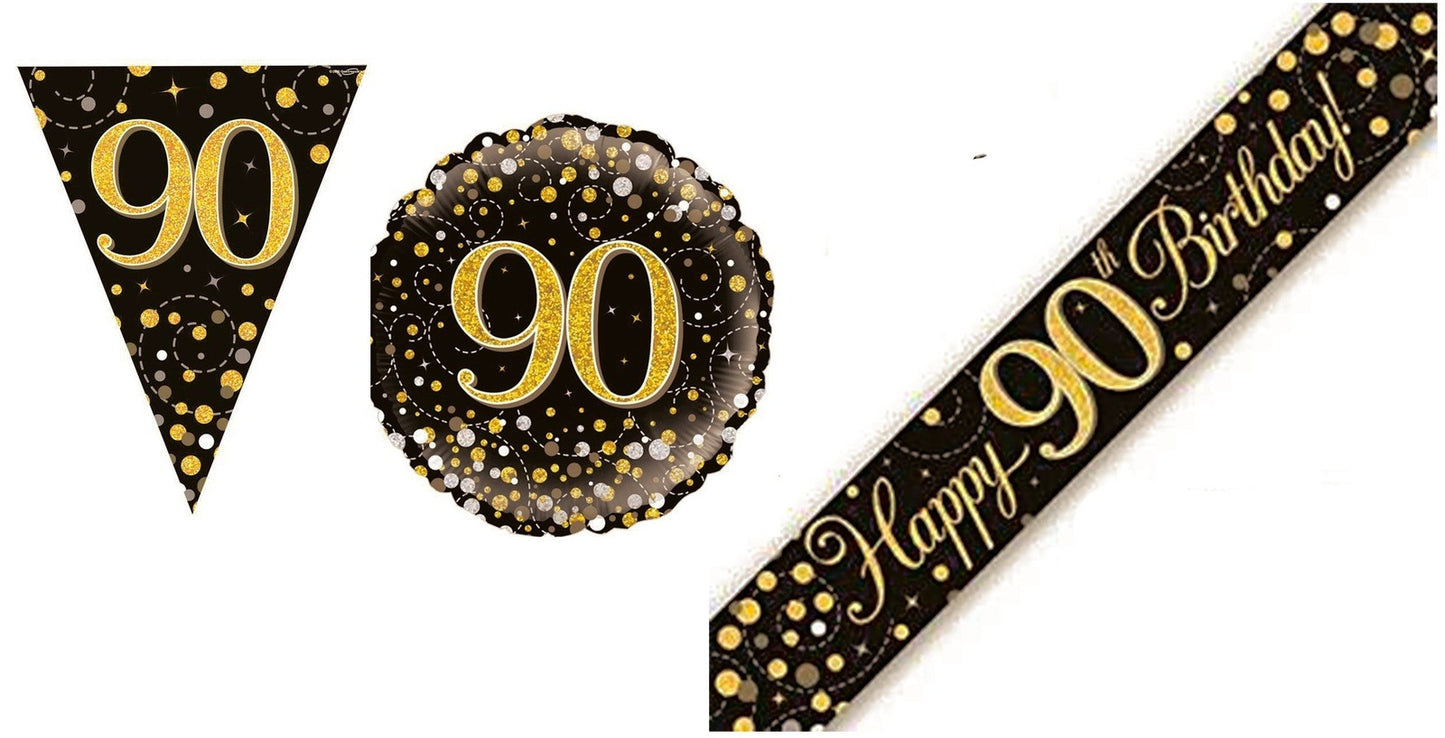 Black And Gold Bundle D Banner, Bunting, Foil Balloon Ages 16 to 90
