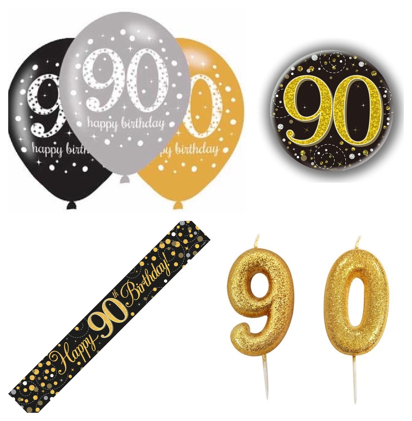 Black And Gold Bundle B Banner, Balloons, Candle, Badge Ages 16 to 100