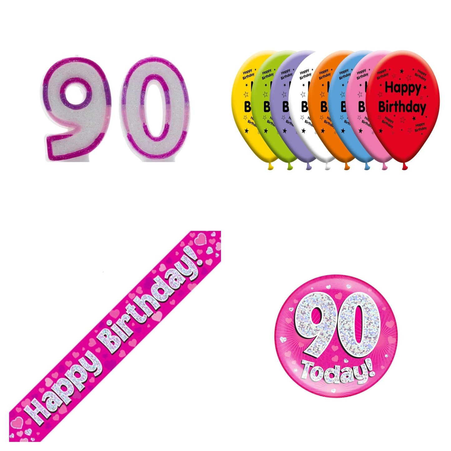 Pink Hearts Bundle B Banner, Balloons, Candle, Badge Ages 1 to 90