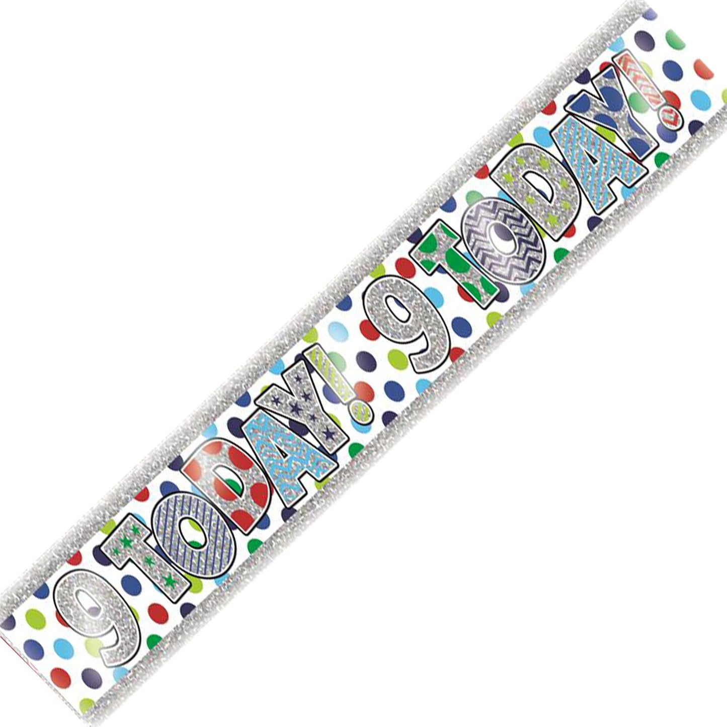 Age 9 Birthday Banner Blue, Green And Silver Holographic Recyclable 9th Birthday Party Banner