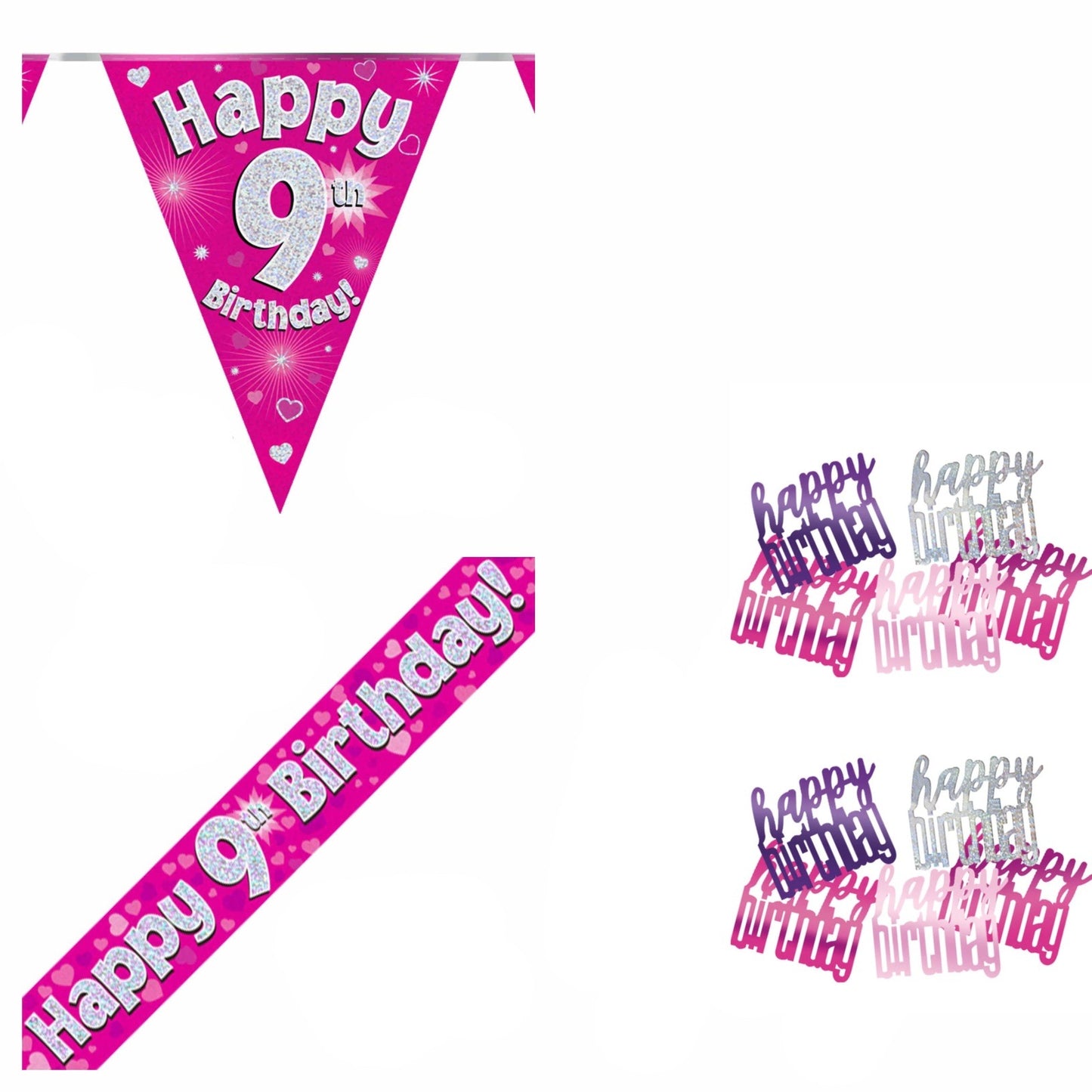 Pink Hearts Bundle A Banner, Bunting, Confetti Ages 1 to 90