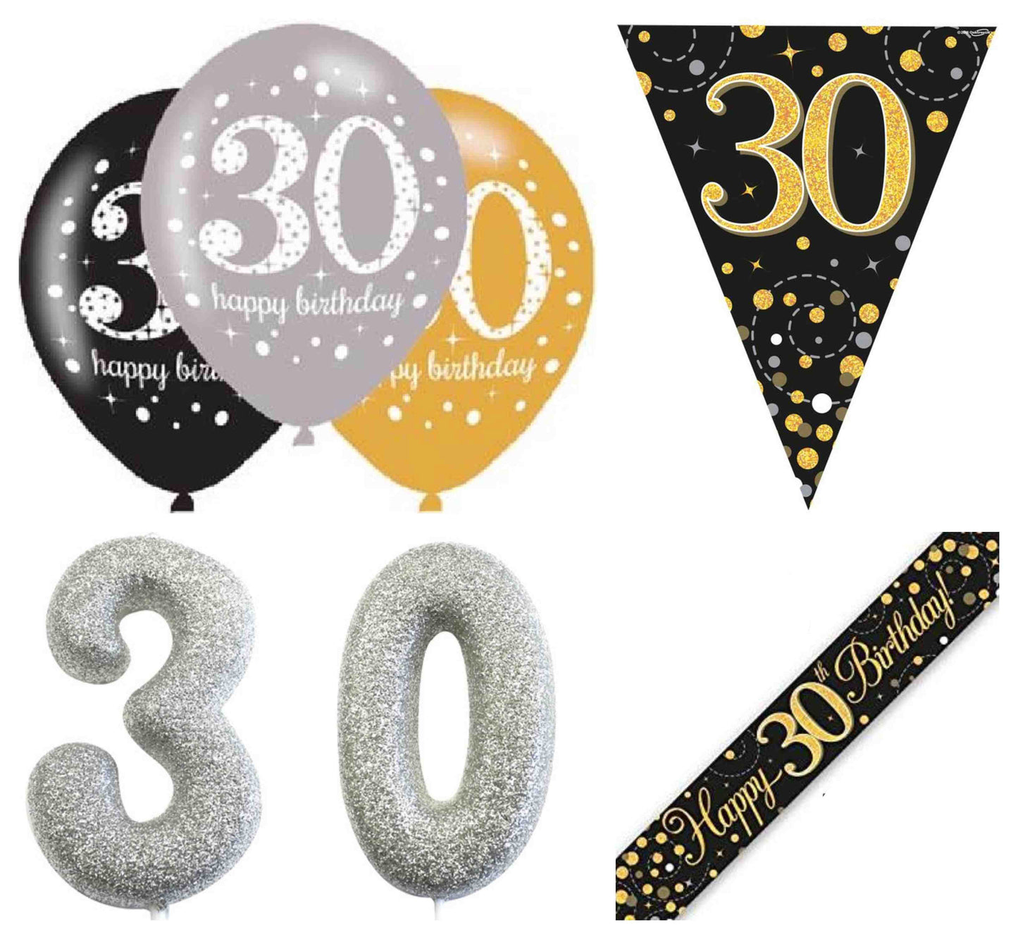 Black And Gold Bundle C Banner, Balloons, Candle, Bunting Ages 16 to 90