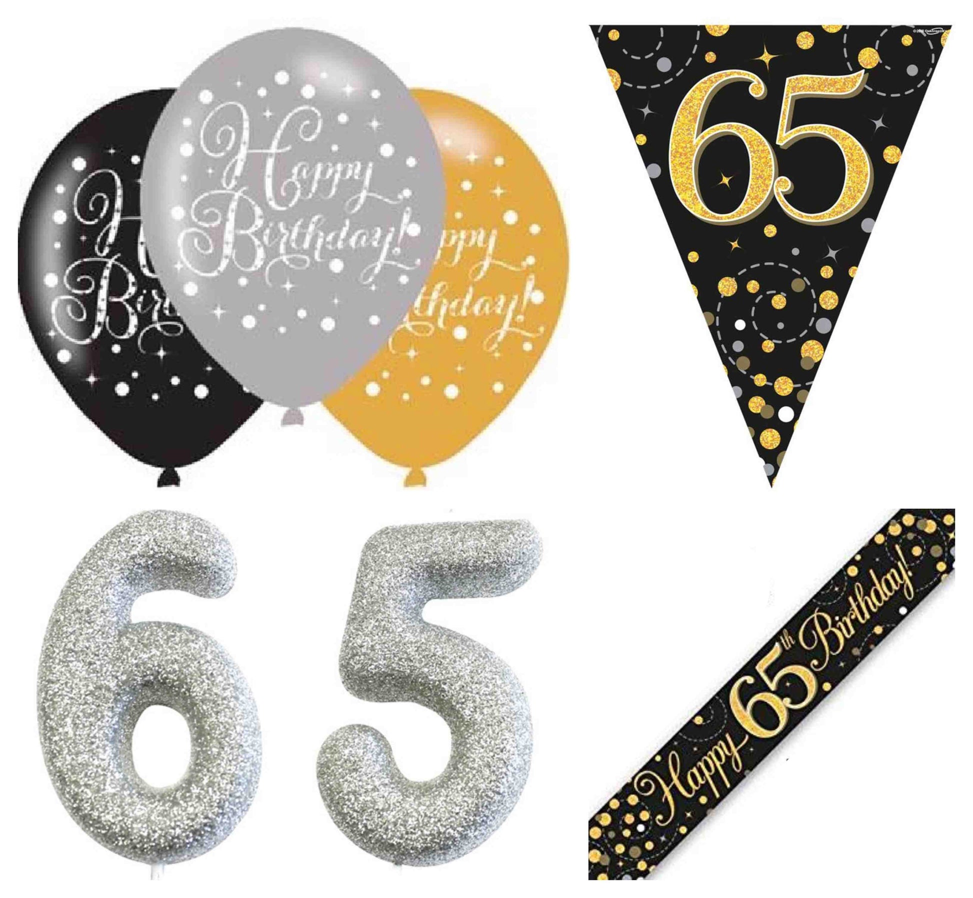 Black And Gold Bundle C Banner, Balloons, Candle, Bunting Ages 16 to 90