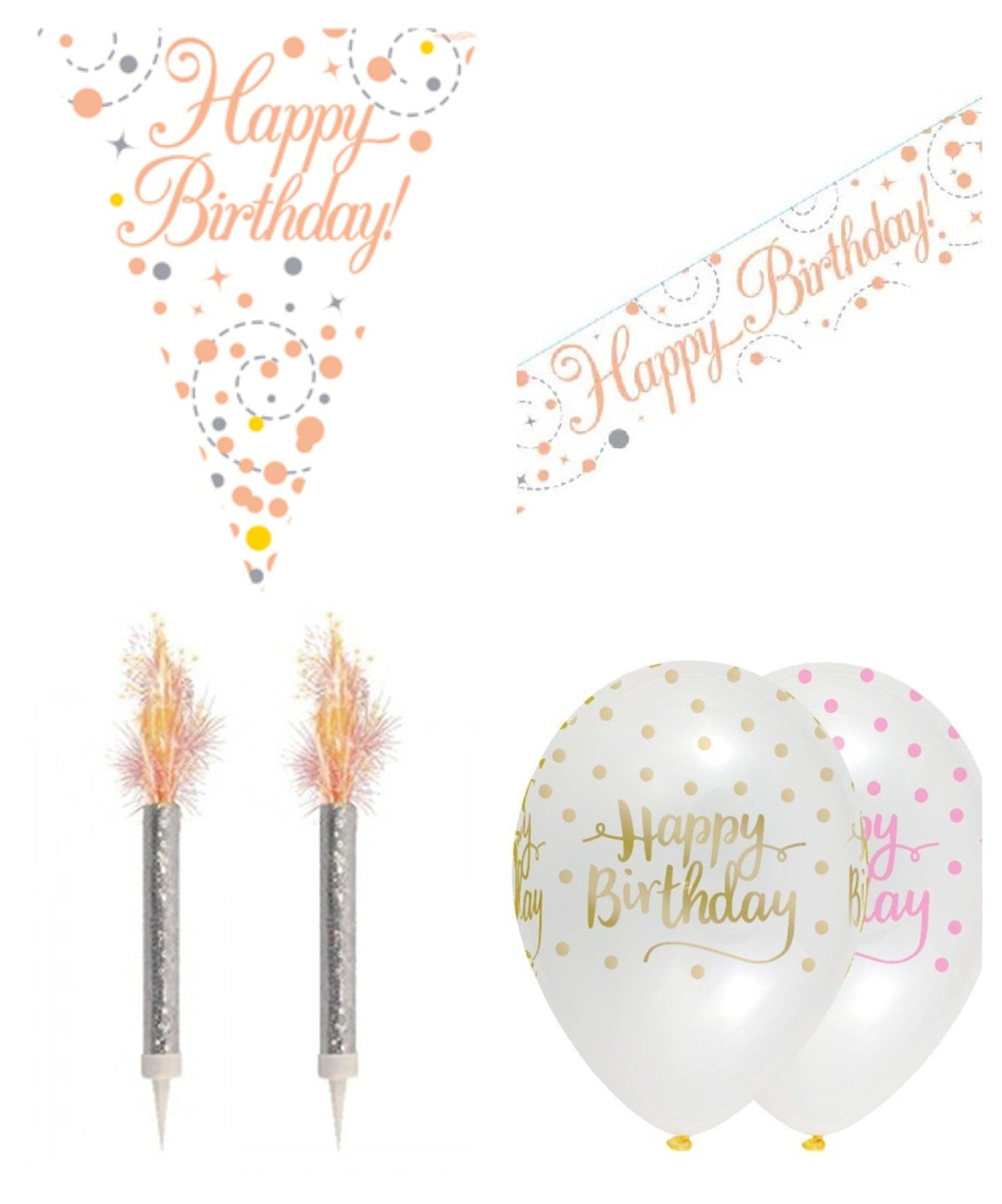 Rose Gold Bundle C Banner, Balloons, Candle, Bunting Ages 16 to 90
