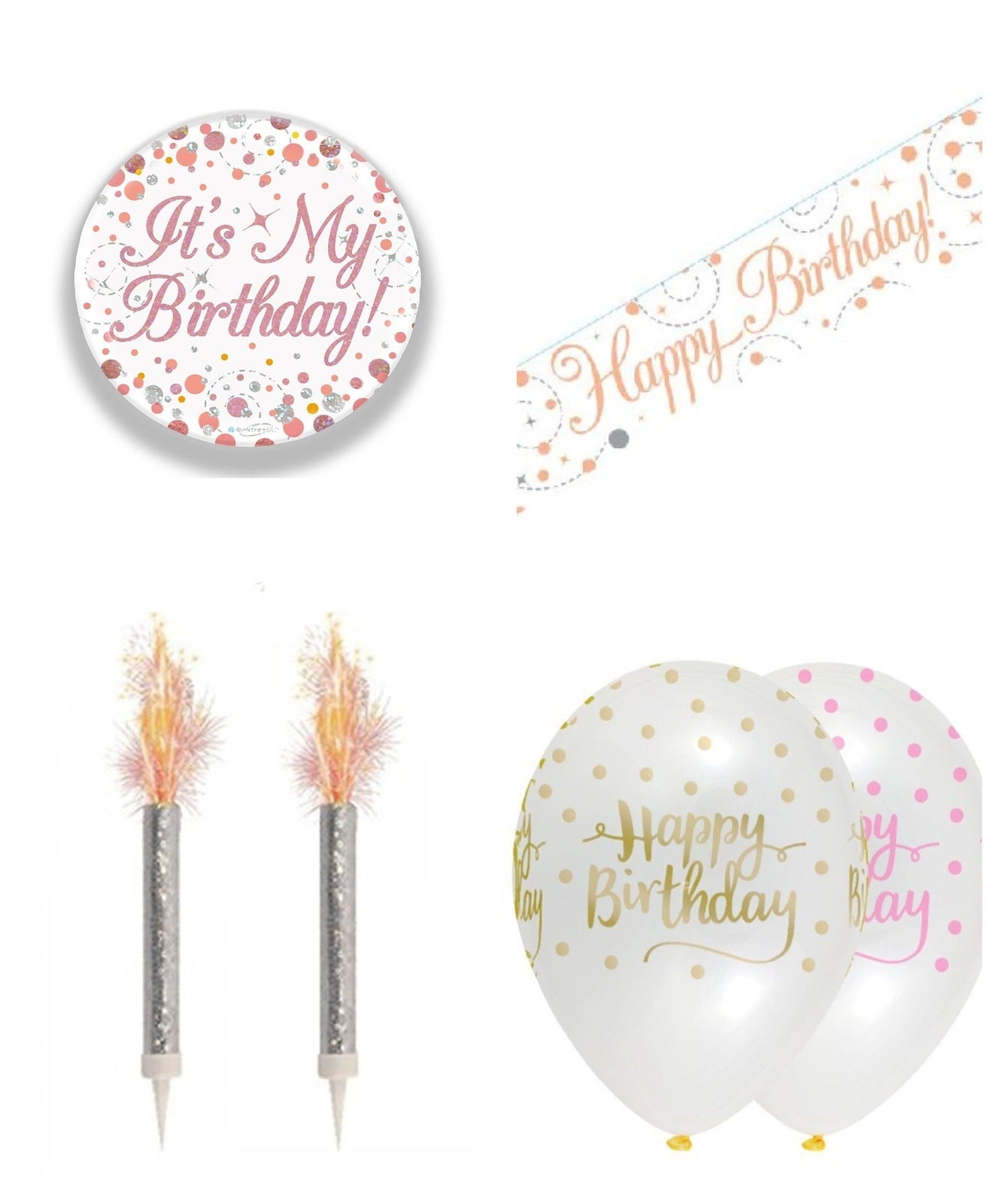 Rose Gold Bundle B Banner, Balloons, Candle, Badge Ages 16 to 90