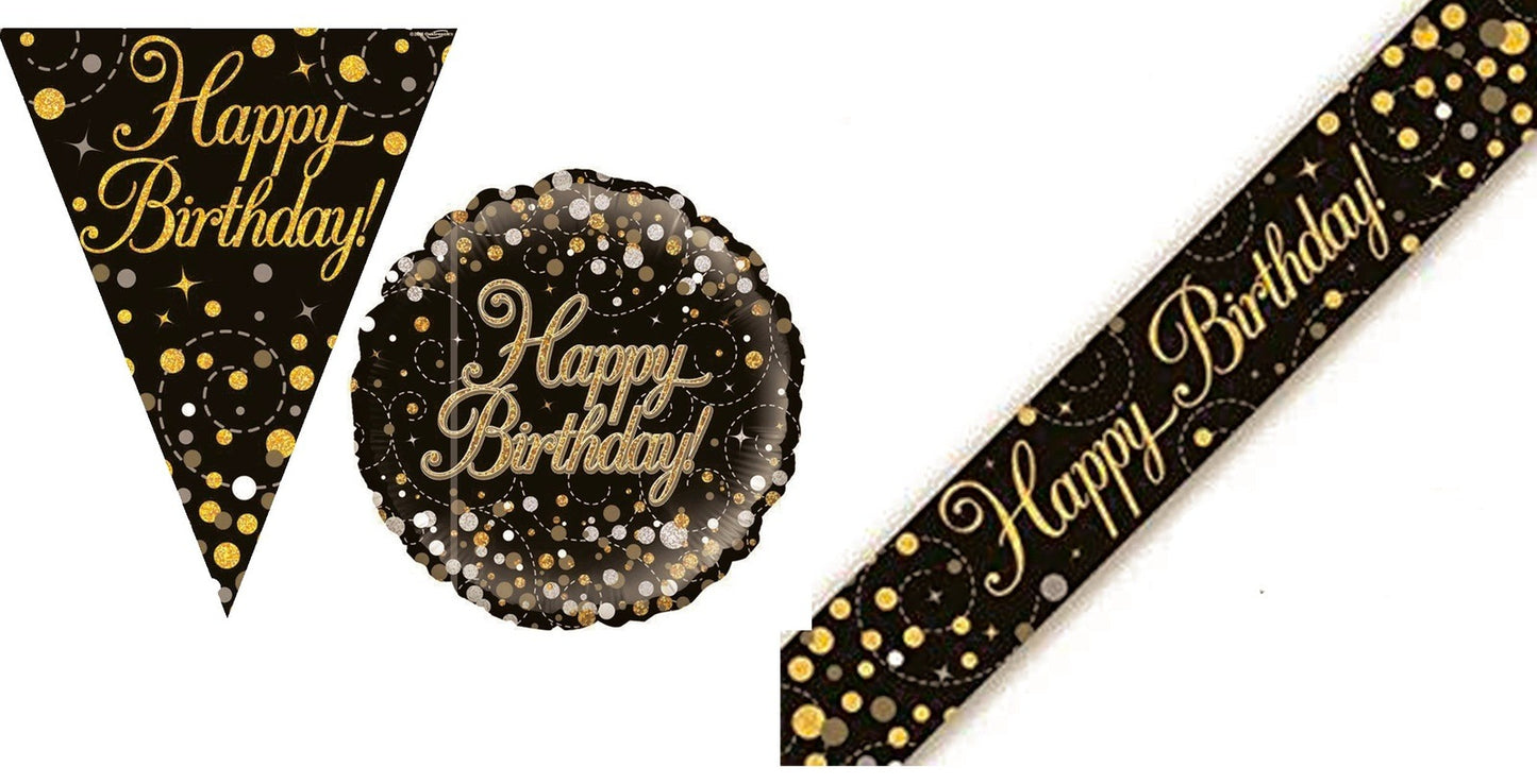 Black And Gold Bundle D Banner, Bunting, Foil Balloon Ages 16 to 90