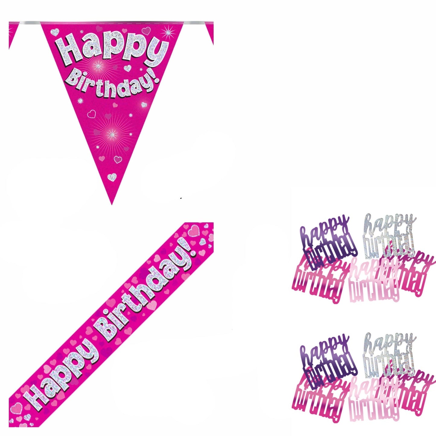 Pink Hearts Bundle A Banner, Bunting, Confetti Ages 1 to 90
