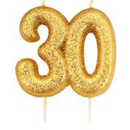 Age 30 Glitter Numeral Moulded Pick Candle Gold