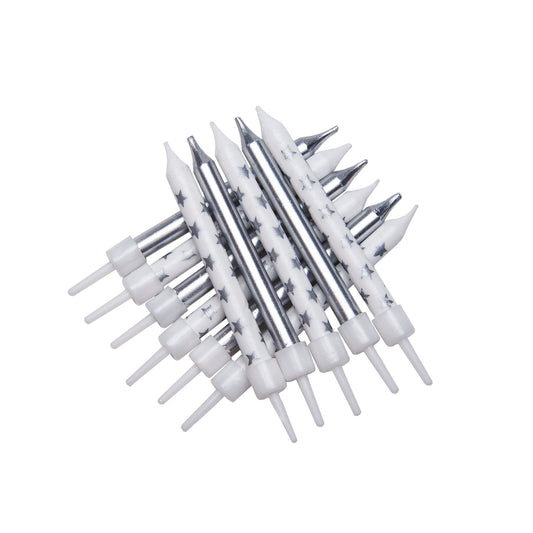 Silver Star Candles & Holders Birthday Party Cake Topper Decoration