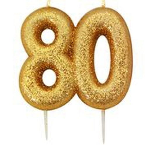Age 80 Glitter Numeral Moulded Pick Candle Gold
